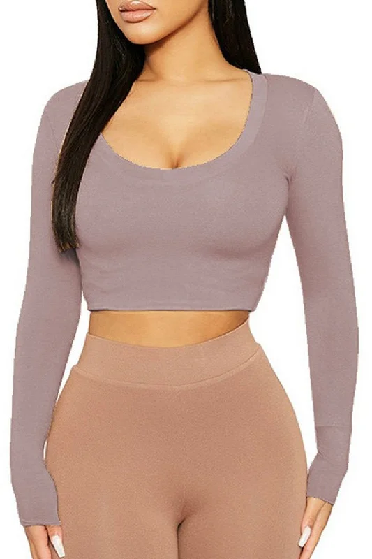 Closeout WOMEN SEXY U NECK LONG SLEEVE CROP TIGHT TOP